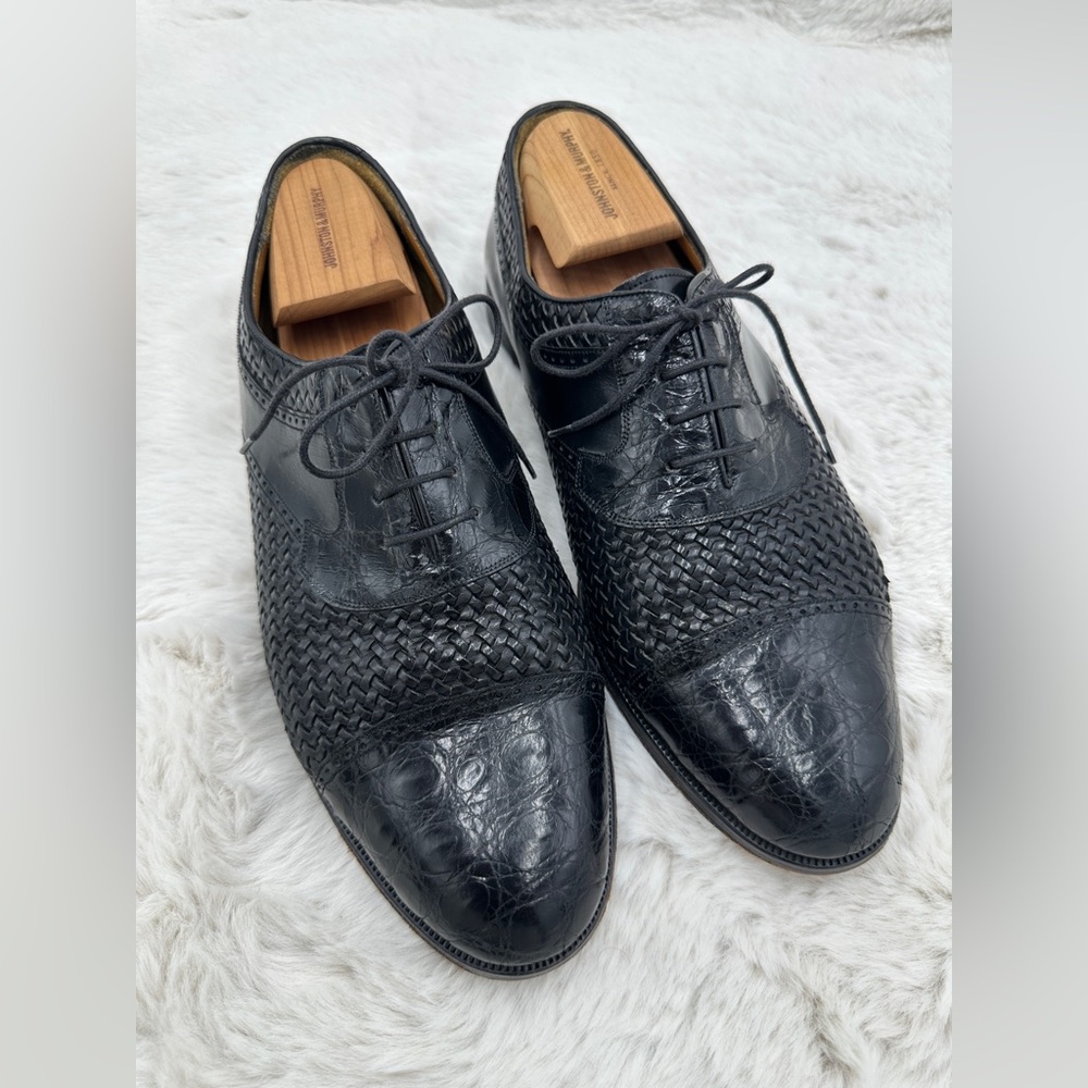 Mezlan Black Acapulco‎ Genuine Crocodile Cap Toe Woven Leather Oxford shoes 10.5